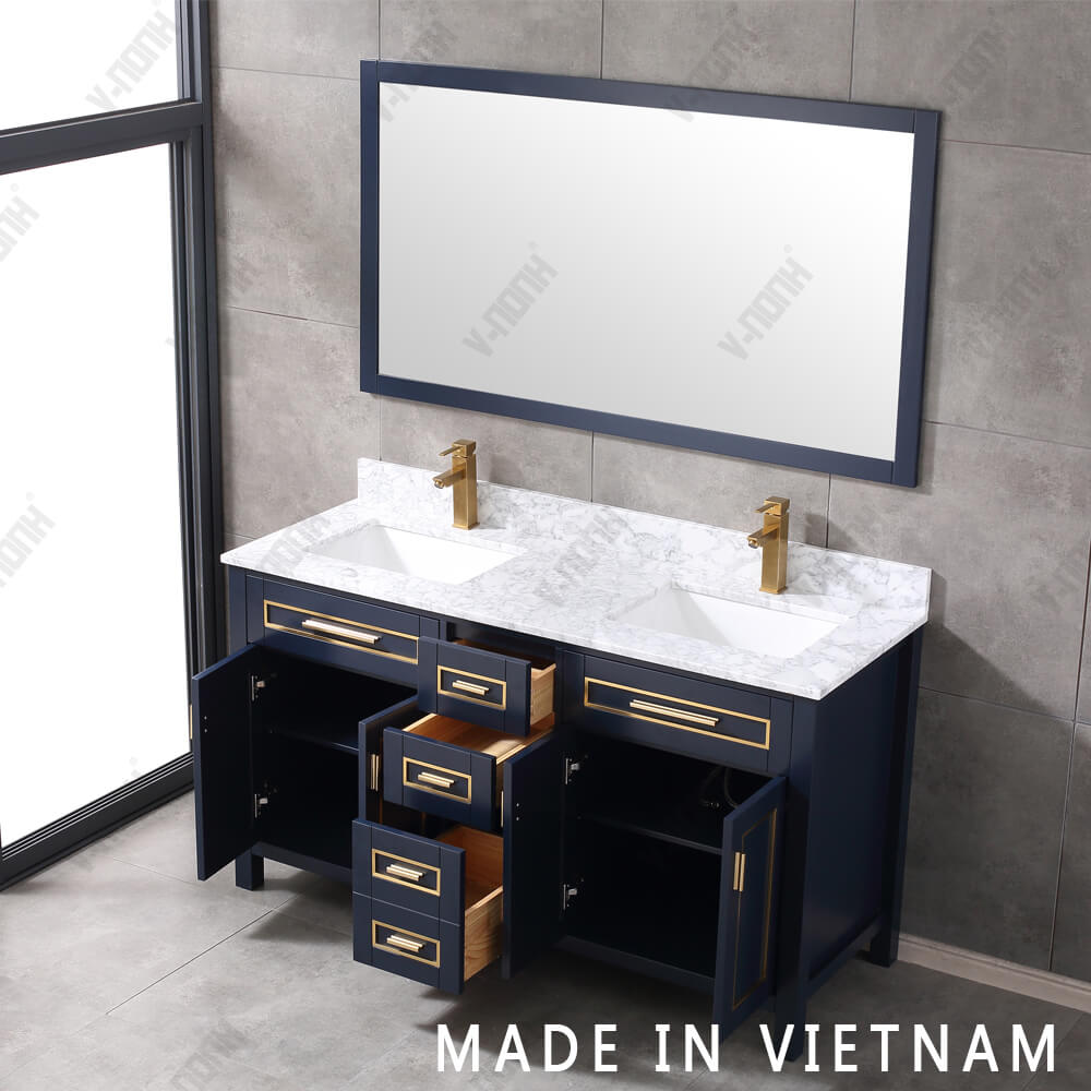 New Design High End 60inch Blue Finish with Gold Inlay Bathroom Vanity