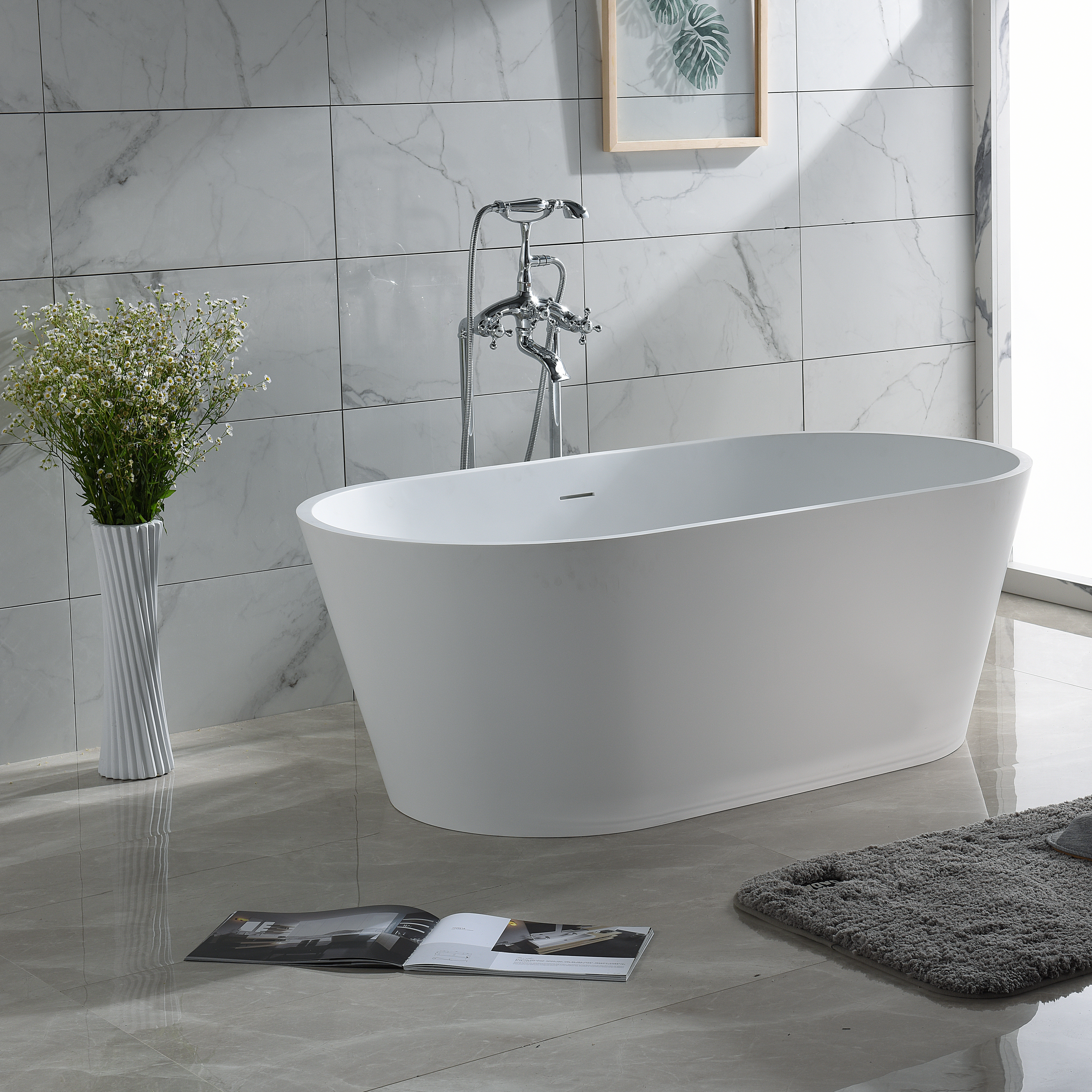 Oval shape free standing solid surface matt white bathtub